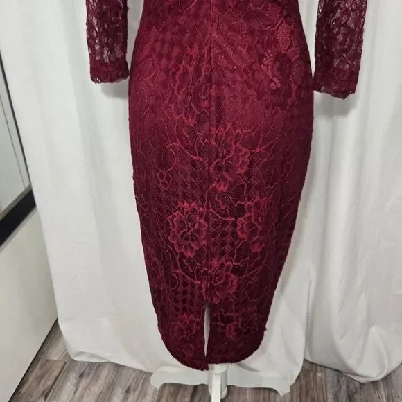 Jessica Simpson Burgundy Lace Overlay 3/4 Sleeve Midi Dress Sz 4 - Picture 5 of 12